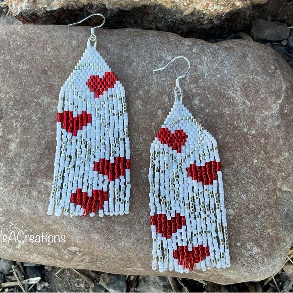 Red Hearts with Silver Scroll Beaded Earrings, New, Handmade by Me - Picture 4 of 11